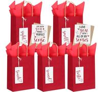 Kolldenn 5 Senses Gift Bags with 5 Sense Tags Small Kraft Paper Bag Wine Red Five Sense Gift Bags with Tissue Paper Greeting Card for Him Her Couple Wedding Christmas Valentine Party, 6 x 3.2 x 8.3 in