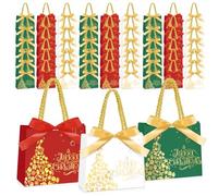 Kolldenn 50 Pack Small Christmas Gift Bags Bulk with Handles Gold Foil Red White Green Merry Christmas Bags with Bow Xmas Goodie Candy Party Favors for Xmas Holiday New Year Party Supplies