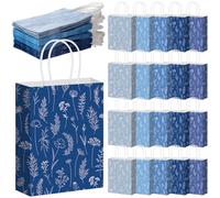 Kolldenn 50 Pcs Blue Wildflower Gift Bags with Handles Paper Floral Goodie Welcome Bag for Wedding Guest Baby Shower Bridal Birthday Party Favor, 5.91 x 3.15 x 8.27 Inches