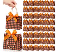 Kolldenn 50 Pcs Fall Thanksgiving Gift Bags with Handles & Bow, Orange and Black Buffalo Plaid Small Treat Goodie Candy Paper Bag Bulk Autumn Party Favors Tote for Holiday Harvest Decor, 5.5x2.4x4.7