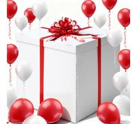 Kolldenn Christmas Extra Large Gift Box 28x28x28 Giant, Jumbo, White Gift Boxes with Lid, Red and White Ribbon, Greeting Card and 100 Balloons for Large Big Presents for Christmas, Birthday Surprise