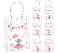 Kolldenn Pink Baby Shower Elephant Favor Bags for Girls Clear Plastic Baby Shower Treat Bags with Handles Candy Goodie It's a Girl Gift for Gender Reveal Party Supplies, 5.9 x 7.9 x 2.8 Inch