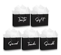 Kolldenn Valentine 5 Senses Gift Bags for Him Her Sight Smell Touch Taste Sound Black Five Senses Gift Bag with 10 Pcs Tissue Wrapping Paper for Valentine's Day 21st Birthday Party Anniversary Wedding