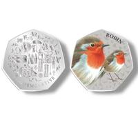 Kollections4you British Bird - Robin 50p Shaped Silver Plated Commemorative Collectable Coin - British Icons on Reverse