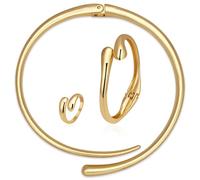 KOLODOGO 3PCS Jewelry Set Chunky Teardrop Choker Necklace Open Cuff Bracelet Adjustable Ring Gold Statement Set for Women, Middle, Copper, No Gemstone