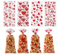 KOLONAMS Heart Cellophane Treat Bags, 50 Red Heart Love Cookie Cellophane Bags With Ribbon for Anniversary Wedding Holiday Party Supplies