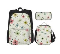 KoloQren Multi Functional Atomic Stars Retro Pattern Print Backpack Set With Lunch Bag And Pencil Case,Leisure,Fashion, Black, One Size
