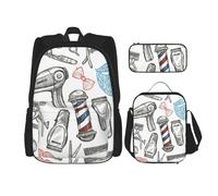 KoloQren Multi Functional Barber Shop Monochrome Style Print Backpack Set With Lunch Bag And Pencil Case,Leisure,Fashion, Black, One Size