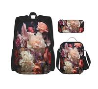 KoloQren Multi Functional Beautiful Flowers 1 Print Backpack Set With Lunch Bag And Pencil Case,Leisure,Fashion, Black, One Size