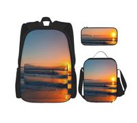 KoloQren Multi Functional Beautiful Sunrise Ocean Print Backpack Set With Lunch Bag And Pencil Case,Leisure,Fashion, Black, One Size
