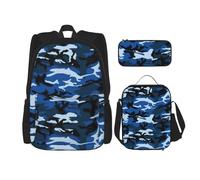 KoloQren Multi Functional Blue Camo Print Backpack Set With Lunch Bag And Pencil Case,Leisure,Fashion, Black, One Size