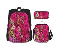 KoloQren Multi Functional Budding Roses Print Backpack Set With Lunch Bag And Pencil Case,Leisure,Fashion, Black, One Size