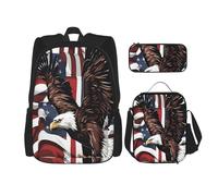 KoloQren Multi Functional Eagle With Usa Flag Print Backpack Set With Lunch Bag And Pencil Case,Leisure,Fashion, Black, One Size