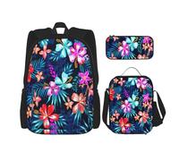 KoloQren Multi Functional Floral Blue Print Backpack Set With Lunch Bag And Pencil Case,Leisure,Fashion, Black, One Size