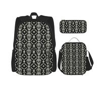 KoloQren Multi Functional Flowers Skull Ornamental Pattern Print Backpack Set With Lunch Bag And Pencil Case,Leisure,Fashion, Black, One Size