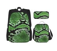 KoloQren Multi Functional Green Snakeskin Print Backpack Set With Lunch Bag And Pencil Case,Leisure,Fashion, Black, One Size