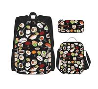 KoloQren Multi Functional Japanese Sushi Black Print Backpack Set With Lunch Bag And Pencil Case,Leisure,Fashion, Black, One Size