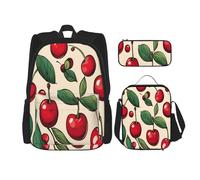 KoloQren Multi Functional Lovely Sweet Red Cherry 2 Print Backpack Set With Lunch Bag And Pencil Case,Leisure,Fashion, Black, One Size