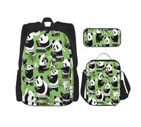 KoloQren Multi Functional Panda Bamboo Print Backpack Set With Lunch Bag And Pencil Case,Leisure,Fashion, Black, One Size