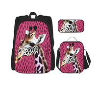 KoloQren Multi Functional Pink Giraffe Texture Print Backpack Set With Lunch Bag And Pencil Case,Leisure,Fashion, Black, One Size