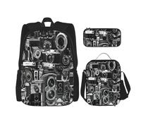 KoloQren Multi Functional Retro Cool Camera Collection Print Backpack Set With Lunch Bag And Pencil Case,Leisure,Fashion, Black, One Size