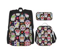 KoloQren Multi Functional Sugar Skulls Print Backpack Set With Lunch Bag And Pencil Case,Leisure,Fashion, Black, One Size