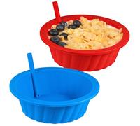 Koluti Silicone Cereal Bowls with Straws Set of 2, 20oz Breakfast Milk and Snack Serving Container, BPA Free Microwave Dishwasher Safe Reusable Salad Meal Bowl