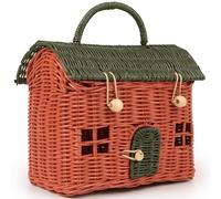 KOLWOVEN Rattan House Storage Basket with Lid - Mouse in a Box House- Small Doll house- Decorative Hand Woven Shelf Organizer Cute Handmade Handcrafted Gift Decoration Artwork Wicker (Moss green)