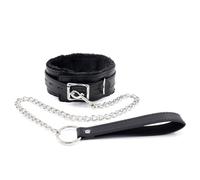 Kom Waire Fur-lined Black Leather Bondage Collar with Sex Chain Leads, SM Collar for Sex Games, Women and Men's Leather Sex Collar for Bondage Restraint (Black)
