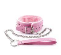 Kom Waire Women Fur-lined Pink Leather Bondage Collar with Sex Chain Leads, Leather Sex Collar for SM Games, BDSM Restraints Bondage Collar and Leads Set