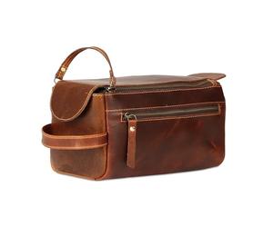 KomalC Premium Buffalo Leather Toiletry Bag for Men & Women With Water resistant Lining, Grooming Travel Pouch, Unisex Wash Bag for Toiletries, Gifts for Men and Women, Distressed Orange Tan, Unisex