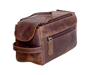 KomalC Premium Buffalo Leather Unisex Toiletry Bag Travel Dopp Kit (Distressed Tan)