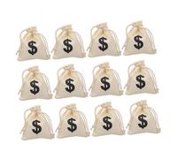 KOMBIUDA 12Pcs Cotton Linen Money Bag Drawstring with Sign, 12X16Cm Party Favor Pouch for Game Coins, Treats, and Event Supplies