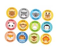 KOMBIUDA 12PCS Milestone Stickers for Newborns Round Animal Pattern Self Adhesive Belly Stickers for Monthly Photoshoot Props Growth Tracking