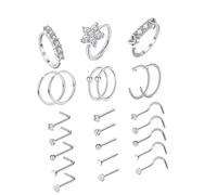 KOMBIUDA 24Pcs Stainless Steel Nose Studs Zircon Nose Rings Body Piercing Jewelry for Women Men Comfortable Hypoallergenic Stylish Studs