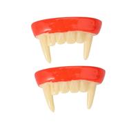 KOMBIUDA 2Pcs Vampire Fangs Halloween Cosplay False Teeth Props Lightweight Eco Friendly Red Beige Denture Model with Fake Blood Capsule for Scary Costume Party
