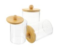 KOMBIUDA 3pcs Clear Storage Box with Bamboo Lid Multipurpose and Cotton Ball Organizer Small Bathroom Jar for Toothpicks and Makeup Accessories and Portable Cosmetic Storage Container