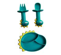 KOMBIUDA 3pcs Training Tableware Set Dinosaur Plates Fork Spoon Suction Bottom Microwave Safe