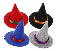 KOMBIUDA 4pcs Mini Halloween Witch Hats Hair Clips Set, Miniature Felt Witch Hat Decorations for Halloween Costume Party, Cosplay, Craft Supplies in Black, Red, Navy, and Grey