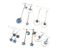 KOMBIUDA 5 Pairs Asymmetrical Moon and Star Earrings Long Dangling Planet Pendants Fashion Jewelry for Women Elegant Gift Accessories