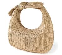 KOMBIUDA Bow Accent Woven Straw Handbag for Women Portable Beach Tote with Spacious Capacity Lightweight Woven Handle Purse for Shopping Picnic Party and Daily Use in Apricot Color