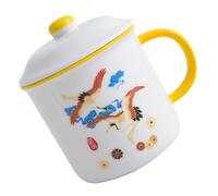 KOMBIUDA Chinese Style Enamel Coffee Mug with Lid, Yellow Wedding Gift Cup