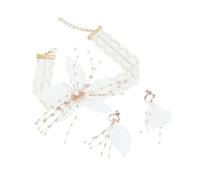 KOMBIUDA Fabric Flower Necklace and Dangle Earrings Set for Women, White Lace Bridal Jewelry Set for Wedding, Beaded Floral Choker Necklace with Earrings for Ladies