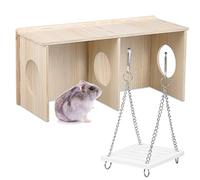 KOMBIUDA Hamster House with Swing Large Space Hideout for Small Animals Safe Wood Habitat for Hamsters Mice Gerbils and More for Exploring and Sleeping