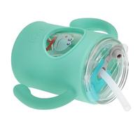 KOMBIUDA Milk Tumbler with Handle and Straw Glass Water Cup with Silicone Dinosaur Sleeve Microwave Safe Sippy Cup for Easy to Hold Portable Training Mug with Measurement Markings