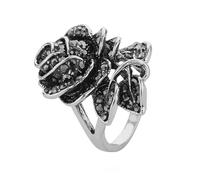 KOMBIUDA Vintage Black Rose Ring for Women Multilayered Petals Design with Precise Diamonds Antique Silver Tone and Eye-catching Fashion Jewelry