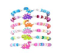 Komergave 6 Pcs Dinosaur Friendship Bracelets for Girls, Cute Polymer Clay Beaded Bracelets with Alloy Dinosaur Charms, Stretchy Elastic Kids Bracelets Set, BFF Gifts Birthday Party Bag Fillers