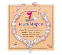 Komergave 7th Bracelet for 7 Year Old Girls, Pink Pearl and Rhinestone Ball, Adjustable, One Size, Multicolor
