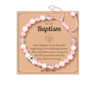 Komergave Adjustable Pink White Pearl Bracelet with Cross Charm, First Holy Communion Gifts for Girls with Message Card, Baptism Gifts Communion Gift for Girls