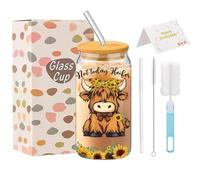 Komergave Highland Cow Glass Cups with Lids and Straws 16oz Creative Iced Coffee Cup Highland Cow Gifts for Women Girls Animal Lovers Sunflower Drinking Glass for Bubble Tea Coffee Cocktail Soda Coke